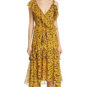 ULLA JOHNSON Yellow Amber Floral Print DANIA Ruffle Tiered Tie Shoulder Dress 0